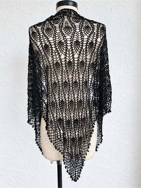 Vintage Cache Black Hand Knit Beaded Crochet Shawl Wrap